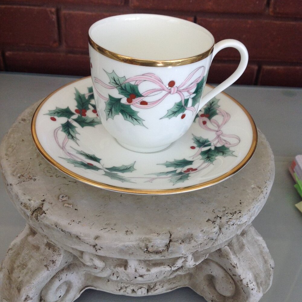 Vintage Mikasa Bone China Teacup and Saucer Set Ribbon Holly Collection